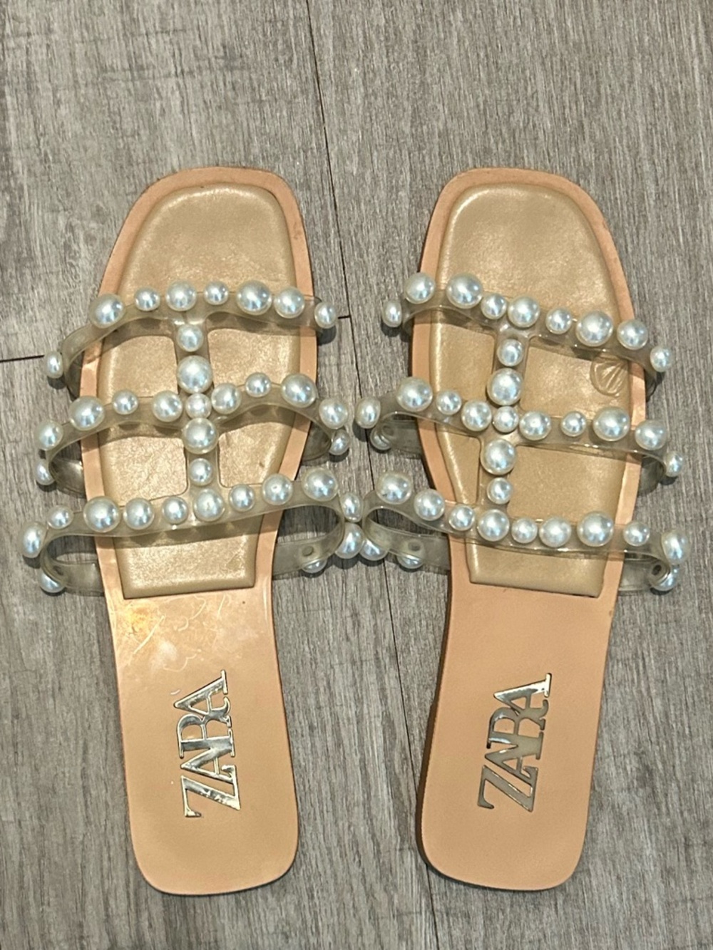 ZARA Nude Pearl-Embellished Slide Mules